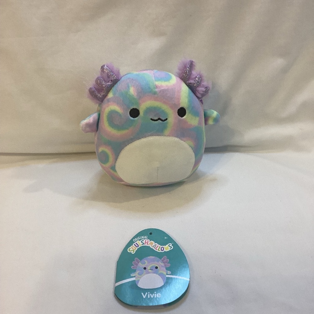 Squishmallow Vivie the Axolotl, 5 in., swirl/tie-dyed stuffed plush, pastels